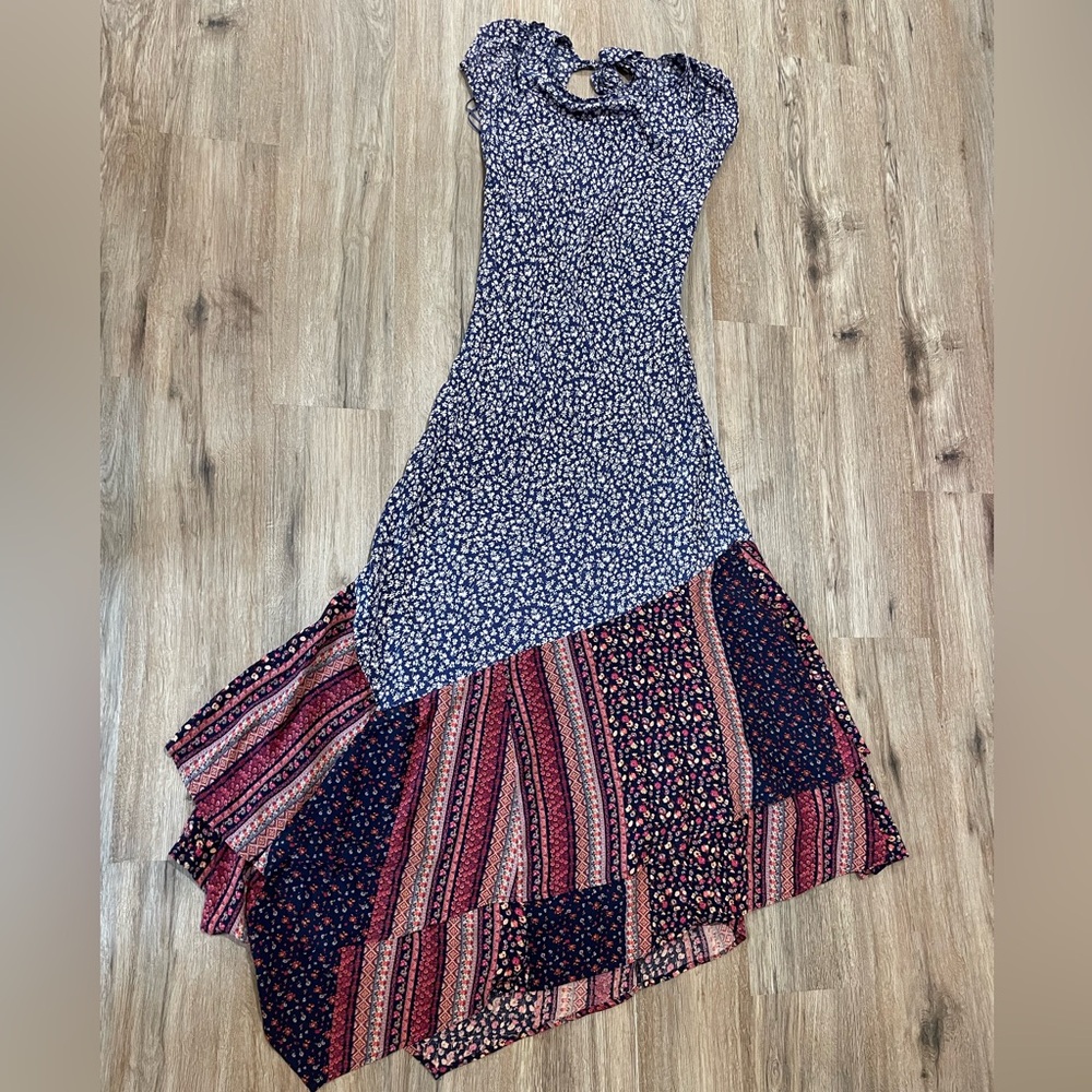 Free People Blue, White, Red & Pink Floral Asymmetrical Tiered Maxi Sundress
